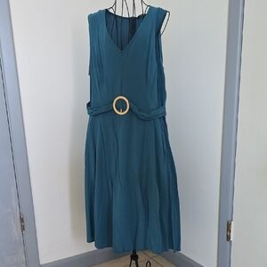 Teal V-Neck Sleeveless Belted Dress